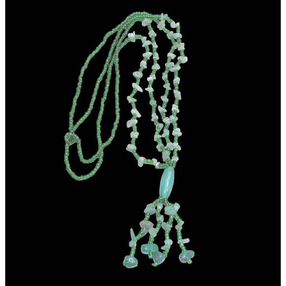 Green Aventurine Stone & Glass Necklace Handcrafted 35-Inch-Long Flapper Style - Picture 1 of 4